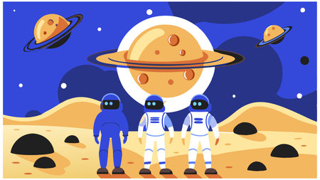 Three astronauts stand on a planet with a large yellow moon in the background. The scene is set in a space-like environment with a blue sky and a sandy terrain. The astronauts are wearing blueのイラスト素材