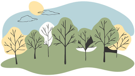 A drawing of a forest with trees and a house. The trees are green and the sky is blueのイラスト素材