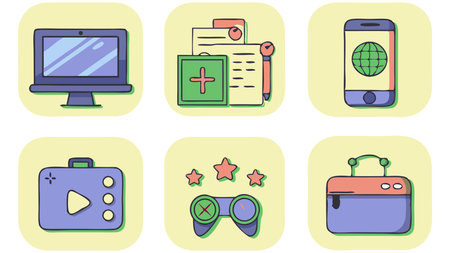 A set of icons for a computer, phone, and other devices. The icons are colorful and include a game controller, a keyboard, a mouse, a cell phone, and a laptopのイラスト素材