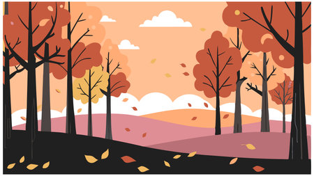 A beautiful autumn scene with trees and leaves on the ground. The sky is orange and the trees are in various stages of fallのイラスト素材