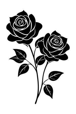 Two black roses are shown in a white background. The roses are the main focus of the image, and they appear to be the most prominent and beautiful part of the scene.のイラスト素材