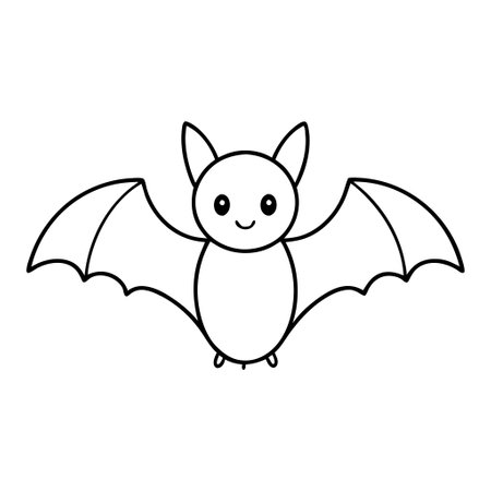 A cartoon bat with a smile on its face. The bat is drawn in black and white. Scene is lighthearted and funのイラスト素材