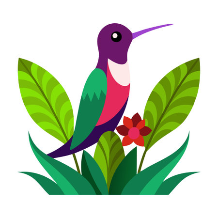 A colorful bird with a long beak is perched on a leafy green plant. The bird is surrounded by a variety of green leaves, which gives the impression of a lush, tropical environmentのイラスト素材