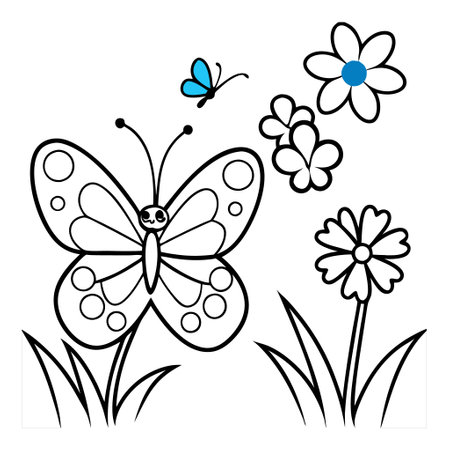 A butterfly is flying over a field of flowersのイラスト素材