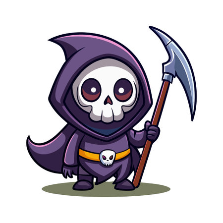 A cartoon character with a skull on his face and a staff in his hand. The character is dressed in a purple hooded robe and he is a ghost or a demonのイラスト素材