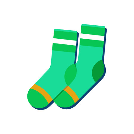 Two green socks with yellow stripes. The socks are on a white backgroundのイラスト素材