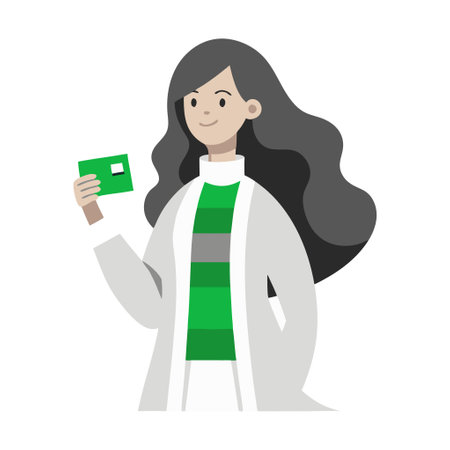 A woman is holding a green card in her hand. She is smiling and she is happyのイラスト素材