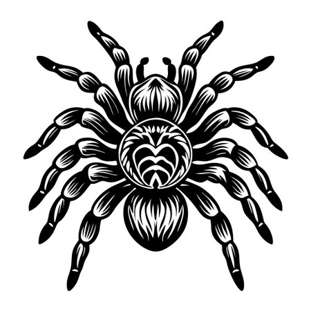 A black and white drawing of a spider. The spider is very detailed and has a lot of intricate patterns. Scene is mysterious and intriguing, as the spider is the main focusのイラスト素材