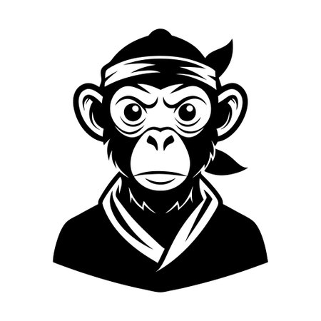 A monkey wearing a black karate uniform and a black bandana. The monkey has a serious expression on his faceのイラスト素材
