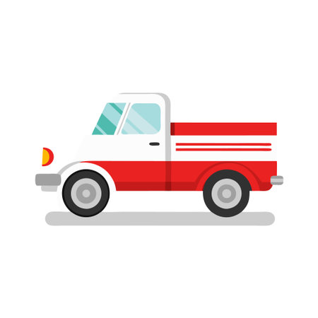 A red and white truck is parked on a white background. The truck is a classic design and has a vintage feel to itのイラスト素材