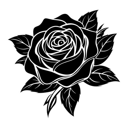 A black rose with a stem and leaves. The rose is the main focus of the image. The black color of the rose gives it a mysterious and elegant appearanceのイラスト素材