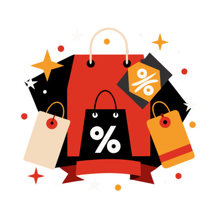 Shopping bags and sale tags with discount symbols representing a retail sale promotion. Ideal for marketing materials, advertisements, and online stores.のイラスト素材
