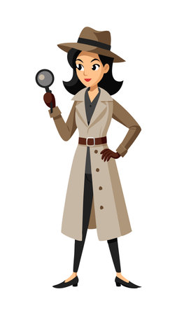 An animated female detective holding a magnifying glass, wearing a trench coat and hat. Illustration represents mystery, investigation, and detective work.のイラスト素材