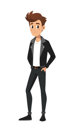 Illustration of a cool young man wearing a black leather jacket and jeans, standing confidently with one hand in pocket.のイラスト素材