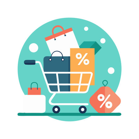 Illustration of a shopping cart with bags and discount signs, representing a sale or promotion event.のイラスト素材