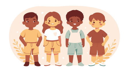Illustration depicting a diverse group of four happy children standing together, smiling and expressing friendship.のイラスト素材