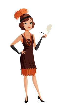 Elegant flapper girl in 1920s fashion, smoking cigarette and wearing orange feather headband. Represents vintage style, classic fashion, and the roaring twenties.のイラスト素材
