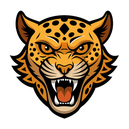 Vector illustration of a fierce leopard face with intense expression, sharp fangs, and detailed spots, perfect for logos and sports mascotsのイラスト素材