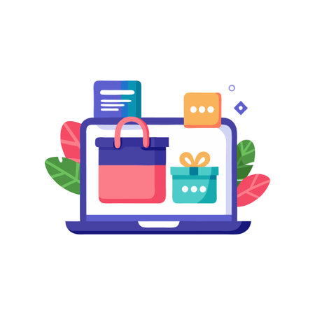 Illustration demonstrates online shopping concept with vibrant colors, shopping bags, and gift boxes on a laptop screen.のイラスト素材