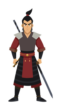 Animation of a samurai warrior standing confidently with a sword. Ideal for themes related to Japanese culture, warriors, and bravery.のイラスト素材