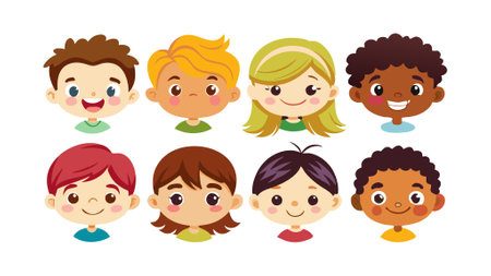 Adorable cartoon children faces featuring a variety of hairstyles, expressions, and diverse appearances. Perfect for educational or playful content.のイラスト素材
