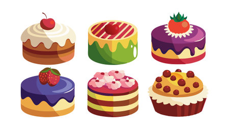 Illustration of six colorful cakes with fruits and frosting. Showcases a vibrant and tasty dessert selection, perfect for bakery or celebration themes.のイラスト素材