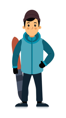 Cartoon illustration of a smiling young man holding a snowboard and wearing a winter outfit, ready for snowboarding adventure.のイラスト素材