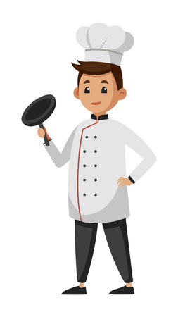 Illustration of a cartoon chef character holding a frying pan, wearing a white uniform and chef hat, ready to cook.のイラスト素材