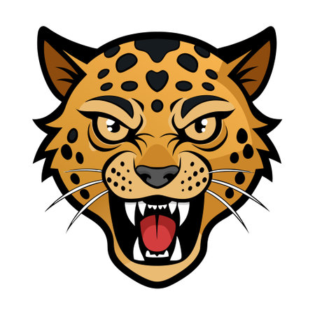 Illustration of a fierce cartoon leopard head showing a roaring expression with bold and vibrant colors. Ideal for sports mascots, logos, or wildlife themes.のイラスト素材