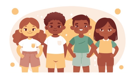 Colorful illustration of cheerful diverse children standing together and smiling, representing friendship, diversity, and unity.のイラスト素材