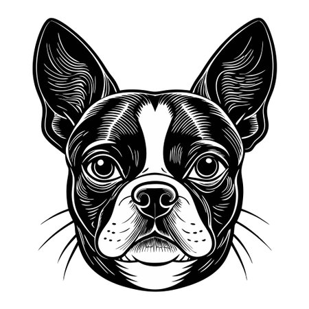 A black and white drawing of a dog with a black nose and white ears. The dog has a very cute and friendly expressionのイラスト素材