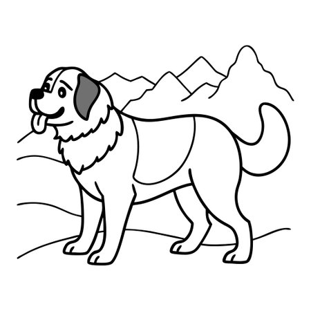 A dog is standing in a field with mountains in the background. The dog is smiling and has its tongue outのイラスト素材