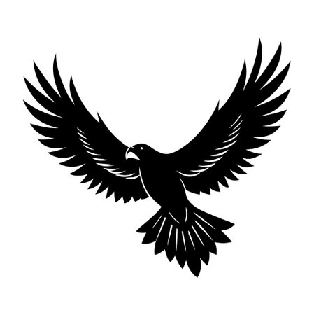 A black bird with its wings spread out. The bird is in the air and has a sharp beakのイラスト素材