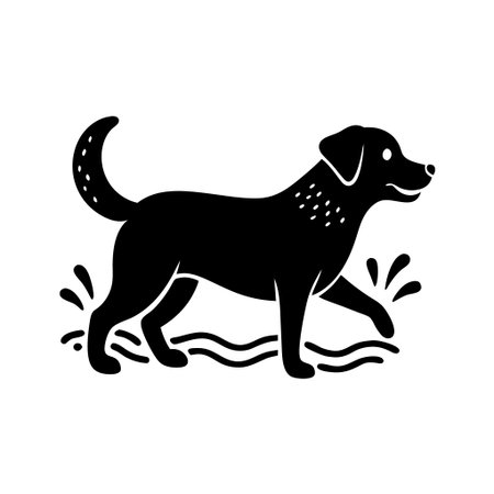 A black dog is walking in the water. The water is calm and clearのイラスト素材