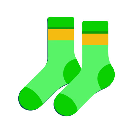 Two green socks with yellow stripes. They are standing next to each otherのイラスト素材