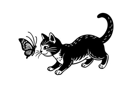 A black and white drawing of a cat chasing a butterfly. The cat is in the middle of the image and the butterfly is on the left side. Scene is playful and lightheartedのイラスト素材