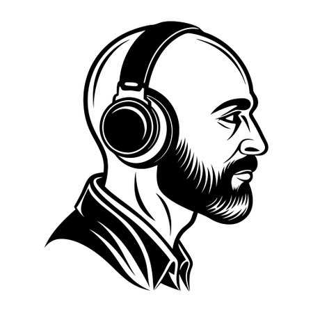 A man with headphones on his head. The man is bald and has a beard. The image is black and whiteのイラスト素材