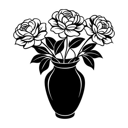 A black vase with three white roses in it. The vase is the main focus of the imageのイラスト素材