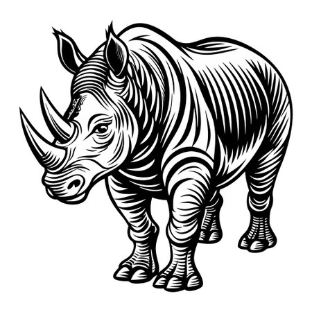 A rhino with its head down and its horns up. The rhino is standing on a white backgroundのイラスト素材