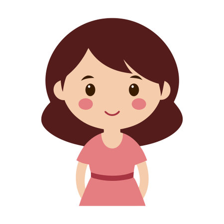 A cartoon girl with a pink dress and a pink bow on her head. She is smiling and looking at the cameraのイラスト素材