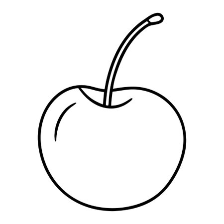 A cherry is shown in a black and white drawing. The cherry is shown with a stem and is the main focus of the imageのイラスト素材