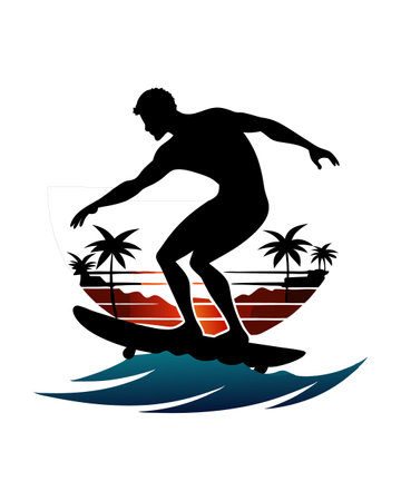 A man is surfing on a surfboard in the ocean. The image has a tropical vibe with palm trees in the backgroundのイラスト素材