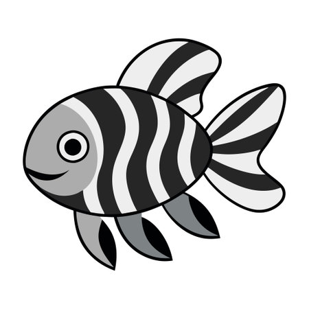 A cartoon fish with a smile on its face. The fish is black and white. It is swimming in the waterのイラスト素材