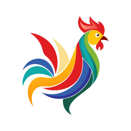 A colorful rooster with a red beak and a blue tail. The rooster is in a rainbow patternのイラスト素材