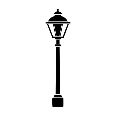 A tall black street lamp stands alone on a white background. The lamp is the only object in the image, and it is the main focus of the sceneのイラスト素材