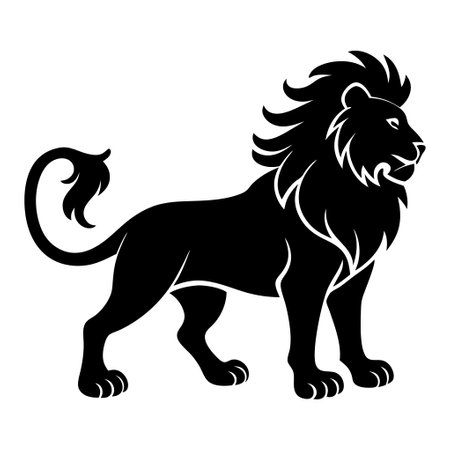 A black and white lion standing on a white background. The lion has a long mane and is looking to the rightのイラスト素材