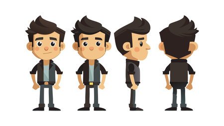 Cartoon character model sheet featuring a young man in front, side, and back views. Ideal for...