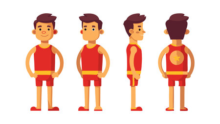 Vector illustration of a cartoon character wearing a red sports outfit shown in front, side, and back views.のイラスト素材