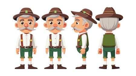 Detailed cartoon illustration of an elderly man in traditional Bavarian clothing showcasing front, side, and back views.のイラスト素材