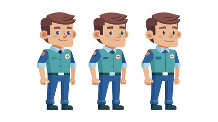 Illustration of three male characters in green shirts and blue jeans standing in a row. Ideal for animation and character design concepts.のイラスト素材